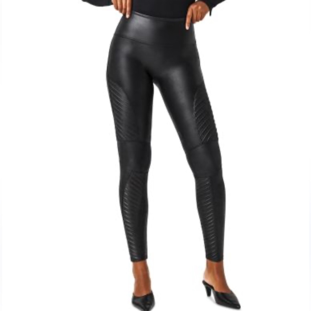 SPANX Moto Faux Leather Black Leggings Size Medium EUC